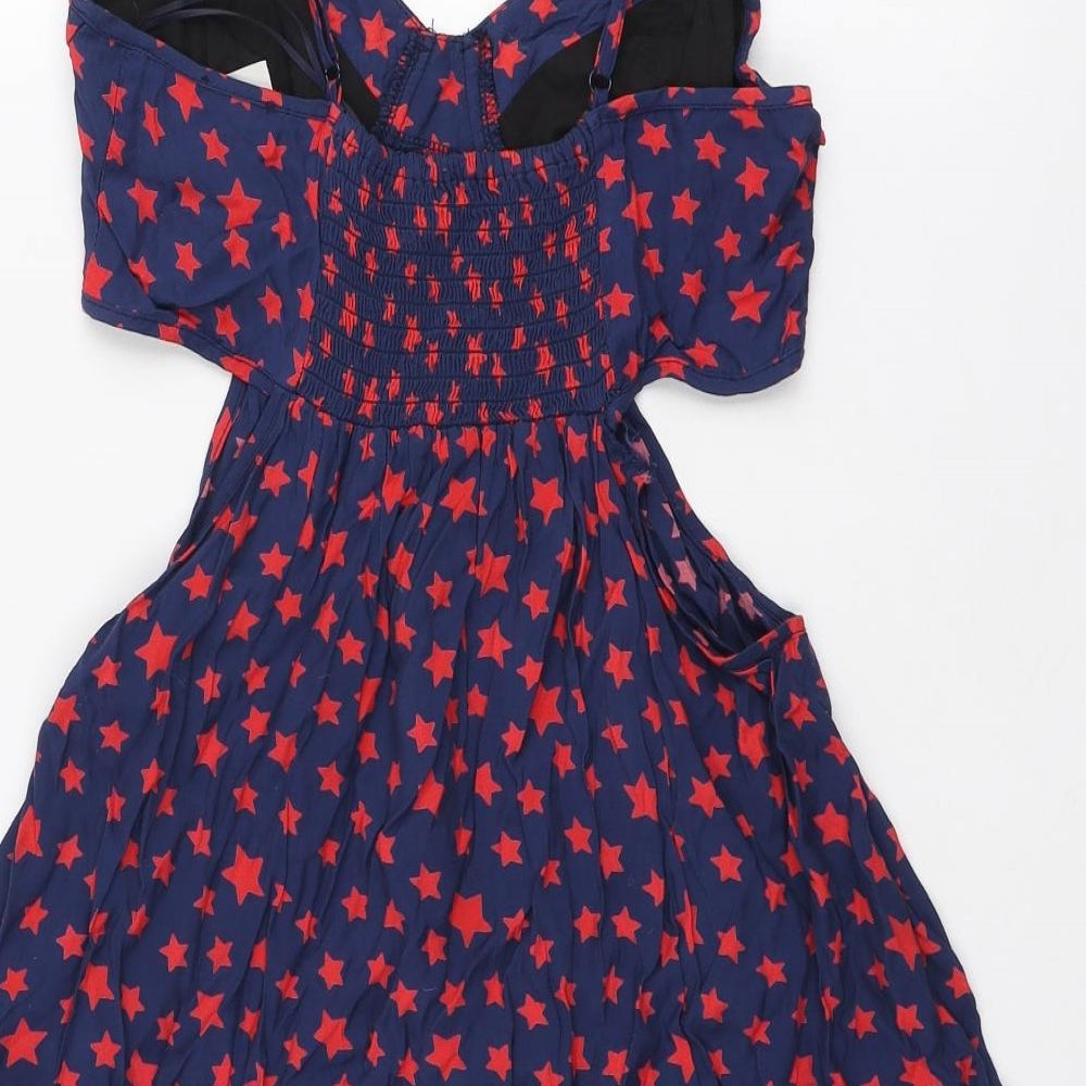 George Womens Blue Geometric Viscose A-Line Size 12 V-Neck Zip