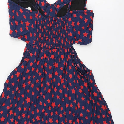 George Womens Blue Geometric Viscose A-Line Size 12 V-Neck Zip