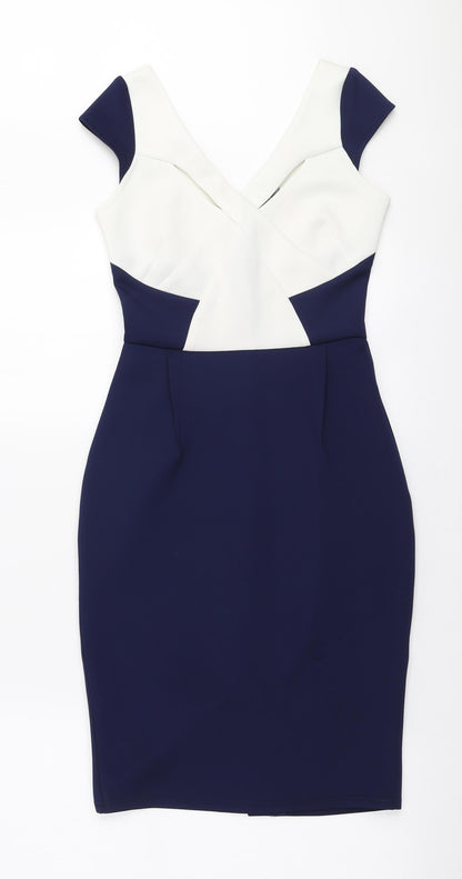 Lipsy Womens Blue Colourblock Polyester Bodycon Size 8 V-Neck Zip