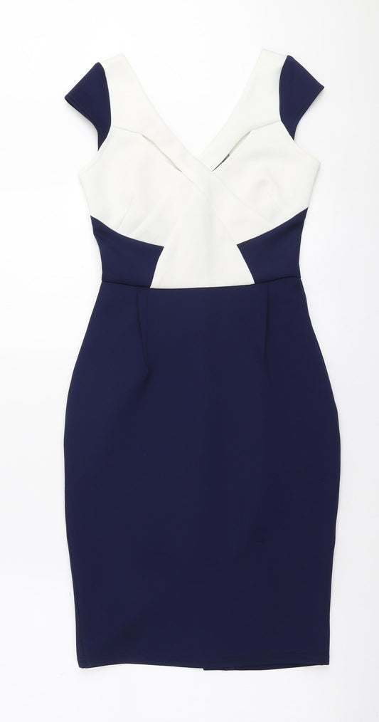 Lipsy Womens Blue Colourblock Polyester Bodycon Size 8 V-Neck Zip