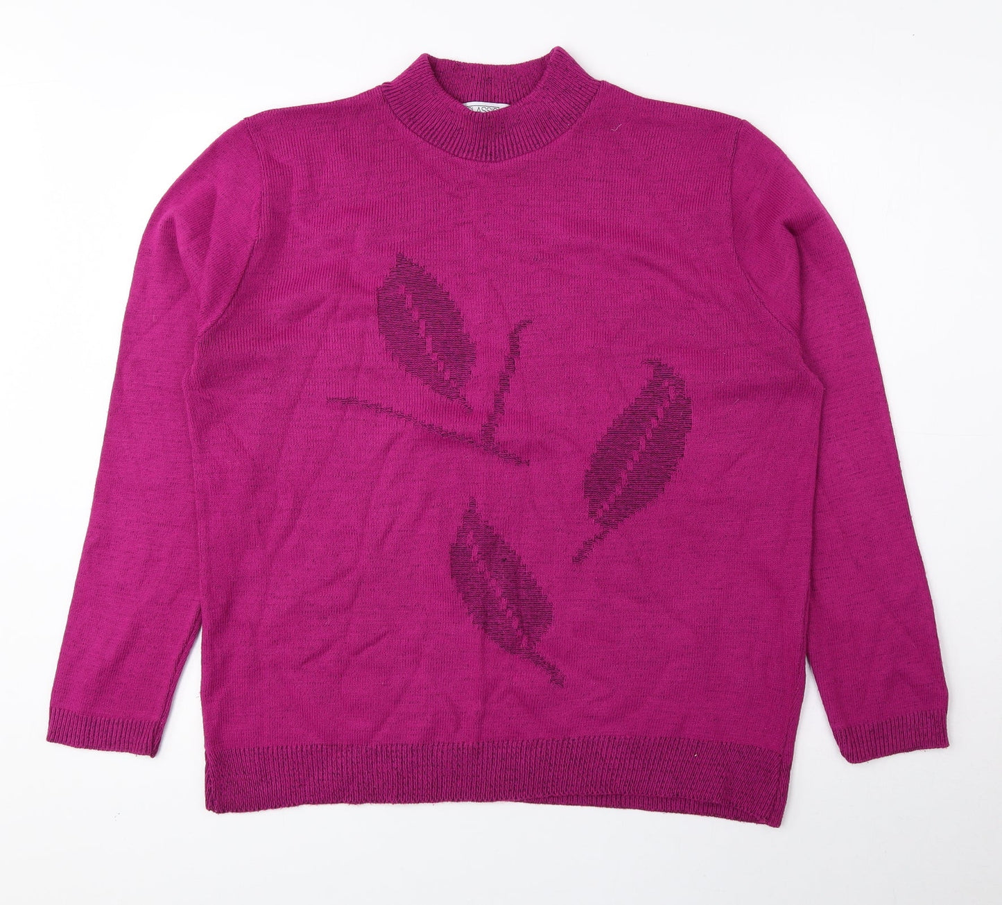 Classic Womens Pink High Neck Floral Acrylic Pullover Jumper Size L