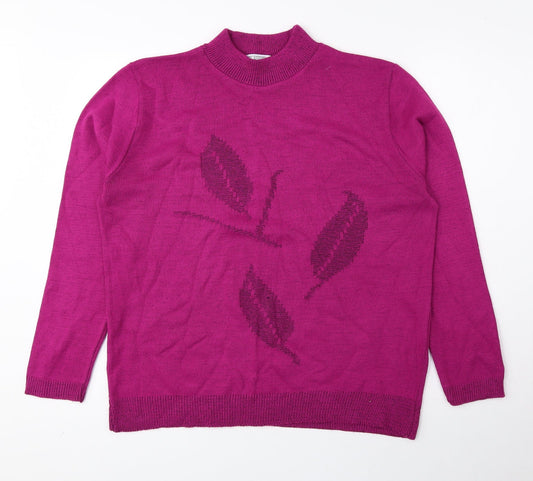 Classic Womens Pink High Neck Floral Acrylic Pullover Jumper Size L