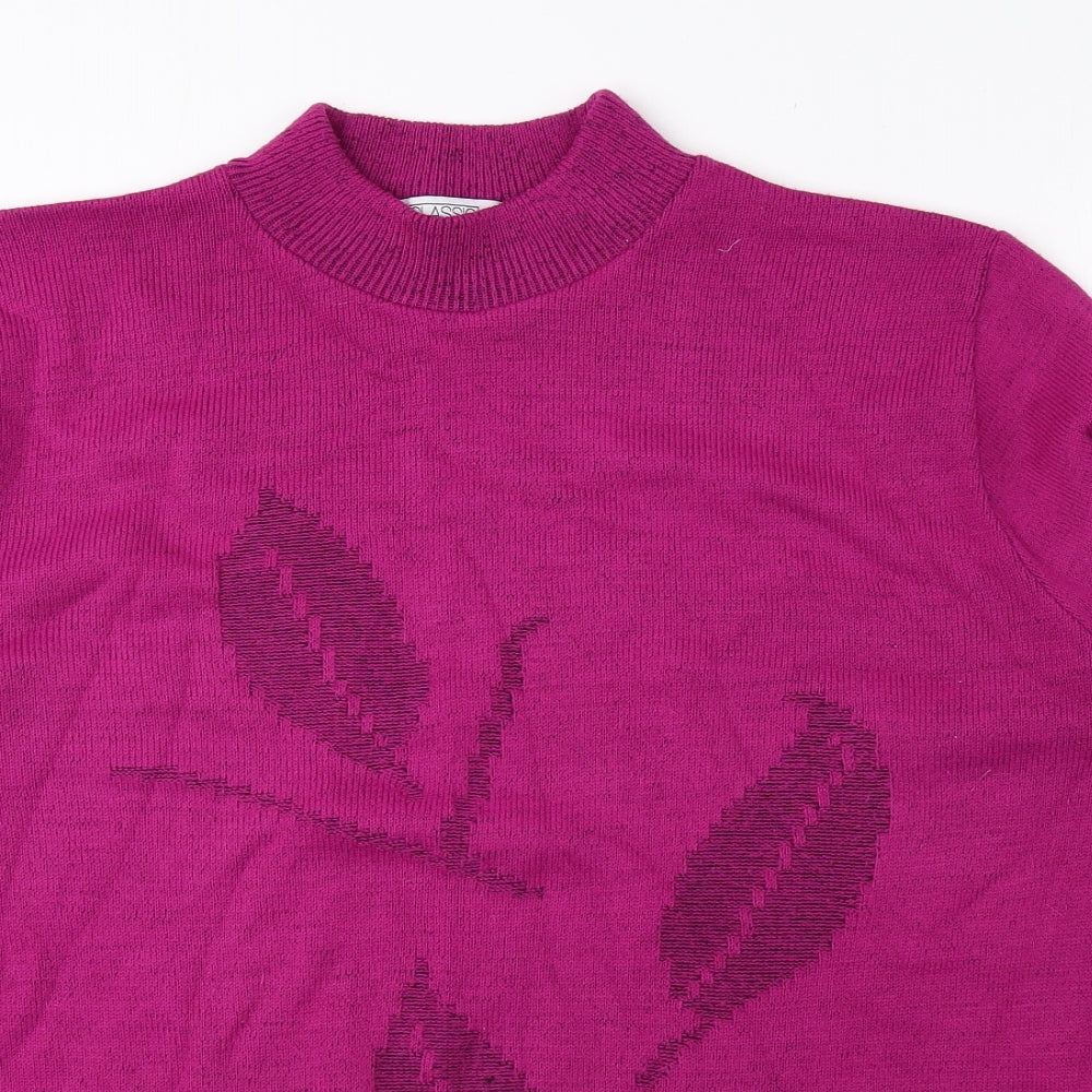 Classic Womens Pink High Neck Floral Acrylic Pullover Jumper Size L