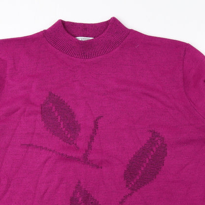 Classic Womens Pink High Neck Floral Acrylic Pullover Jumper Size L