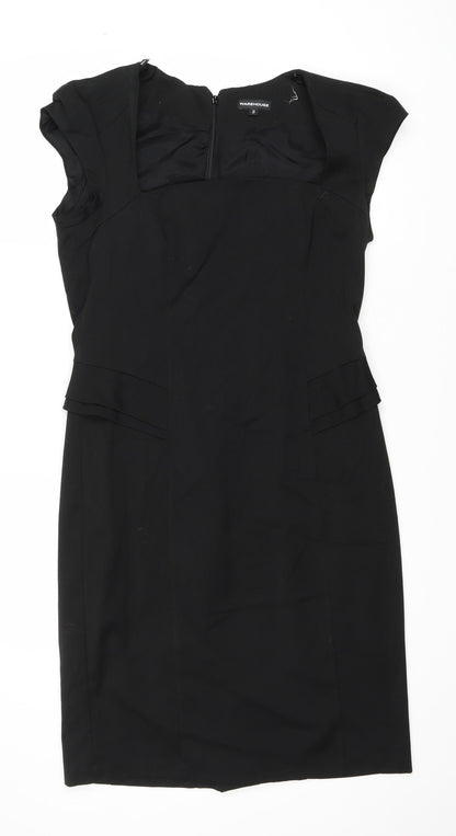 Warehouse Womens Black Polyester Sheath Size 14 Square Neck Zip