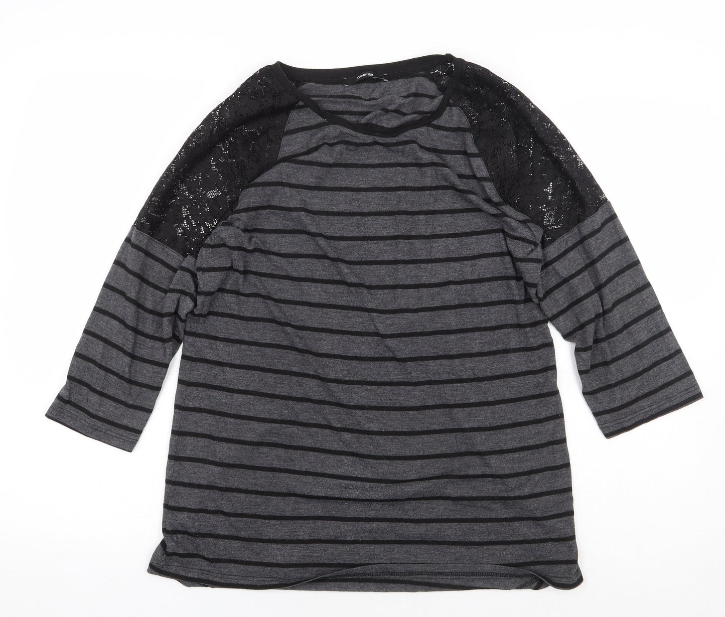 George Womens Grey Striped Polyester Basic Blouse Size 12 Round Neck - Lace Detail