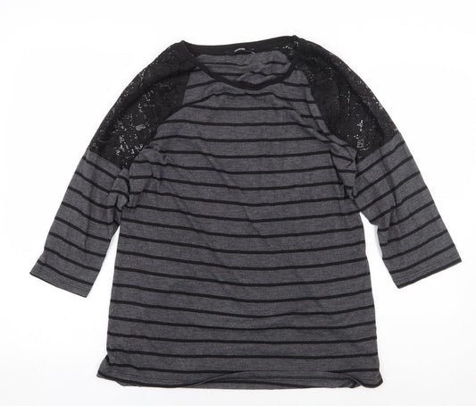 George Womens Grey Striped Polyester Basic Blouse Size 12 Round Neck - Lace Detail