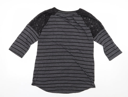 George Womens Grey Striped Polyester Basic Blouse Size 12 Round Neck - Lace Detail