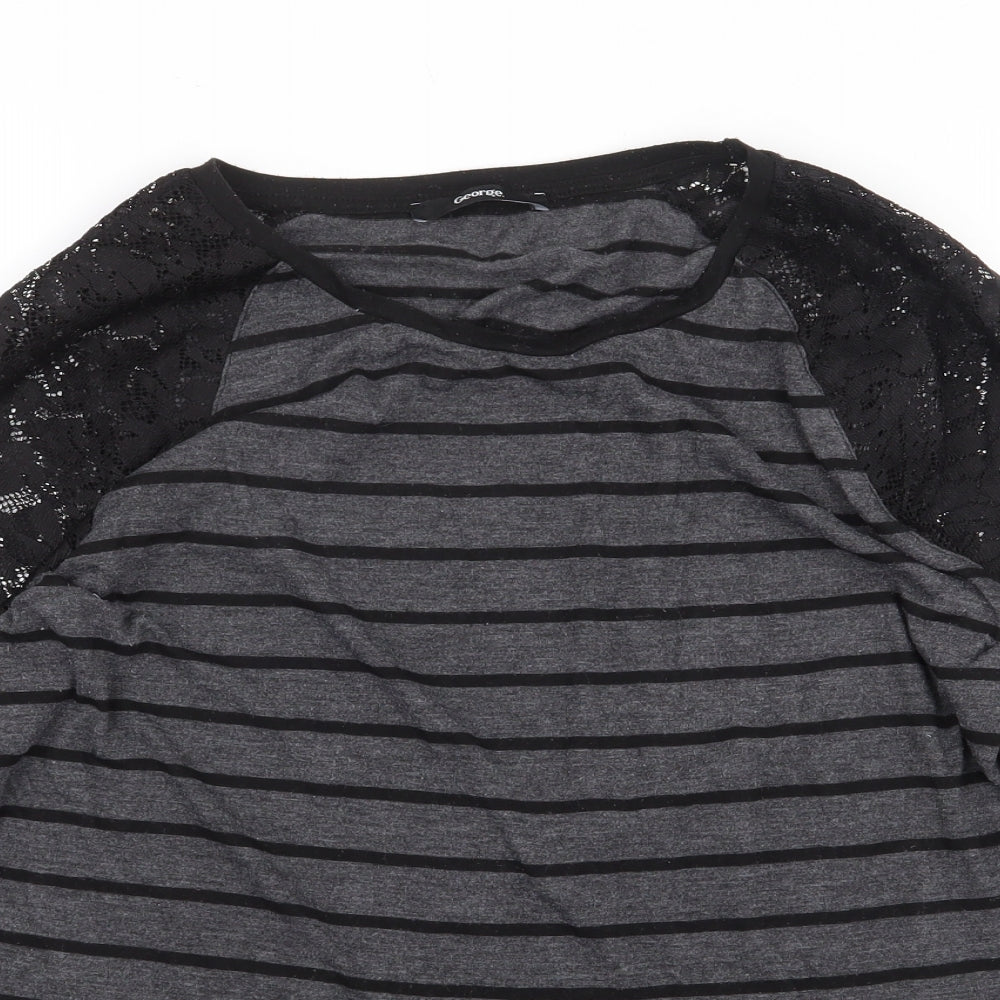 George Womens Grey Striped Polyester Basic Blouse Size 12 Round Neck - Lace Detail