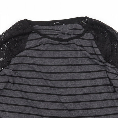 George Womens Grey Striped Polyester Basic Blouse Size 12 Round Neck - Lace Detail
