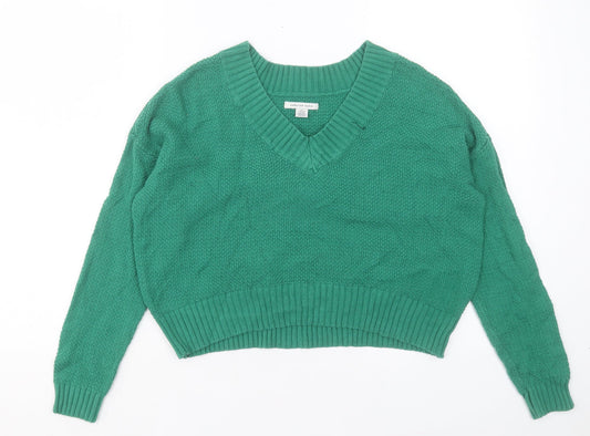 American Eagle Womens Green V-Neck Acrylic Pullover Jumper Size 2XS