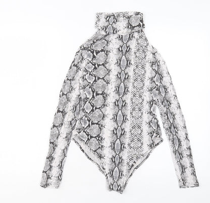 PRETTYLITTLETHING Womens Grey Animal Print Viscose Bodysuit One-Piece Size 8 Snap