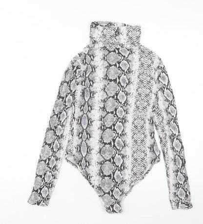 PRETTYLITTLETHING Womens Grey Animal Print Viscose Bodysuit One-Piece Size 8 Snap