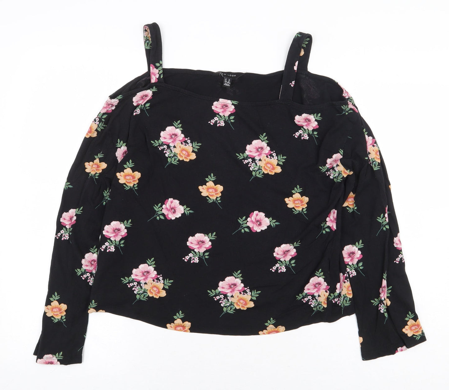 New Look Womens Black Floral Cotton Basic Blouse Size 14 Off the Shoulder