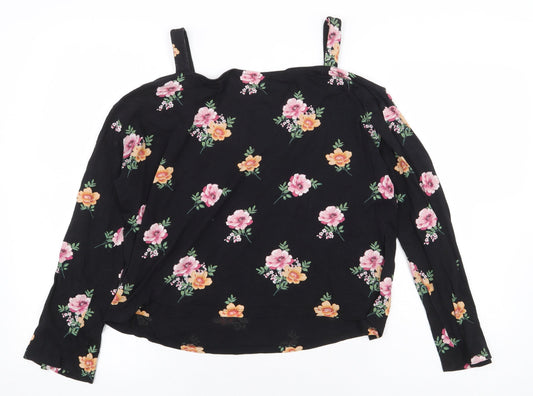 New Look Womens Black Floral Cotton Basic Blouse Size 14 Off the Shoulder