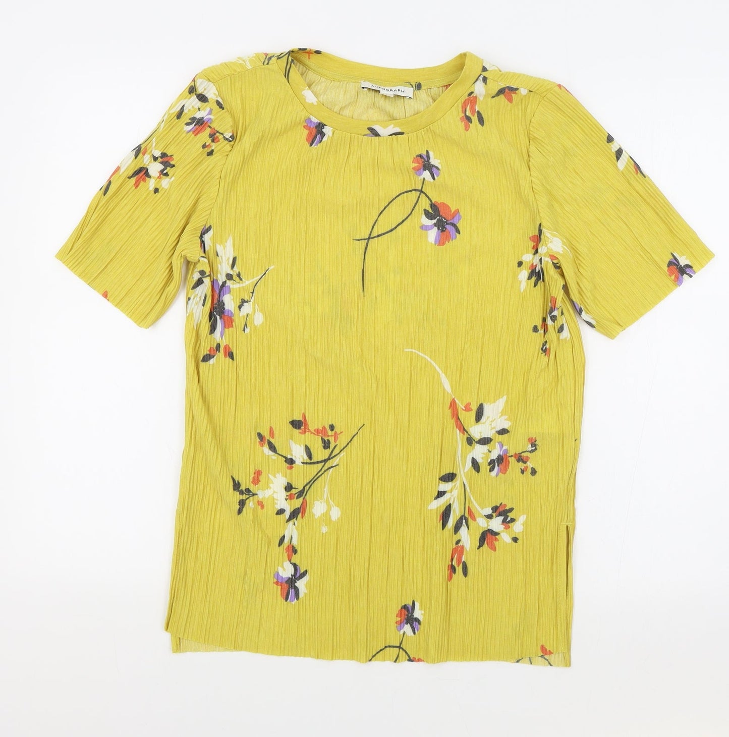 Autograph Womens Yellow Floral Polyester Basic T-Shirt Size 10 Round Neck
