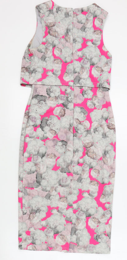 ASOS Womens Pink Floral Polyester Bodycon Size 8 Round Neck Zip