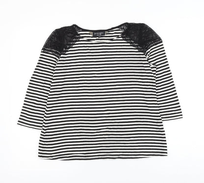 Principles Womens Black Striped Viscose Basic Blouse Size 12 Round Neck - Lace Shoulder