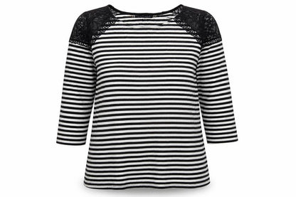 Principles Womens Black Striped Viscose Basic Blouse Size 12 Round Neck - Lace Shoulder