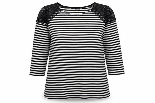 Principles Womens Black Striped Viscose Basic Blouse Size 12 Round Neck - Lace Shoulder
