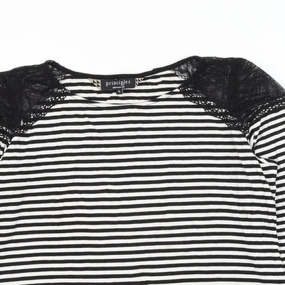 Principles Womens Black Striped Viscose Basic Blouse Size 12 Round Neck - Lace Shoulder