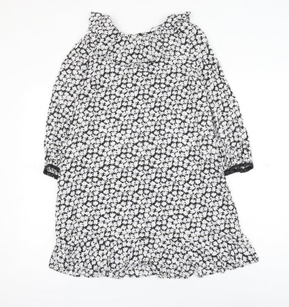 Zara Womens Black Floral Viscose Shift Size M Round Neck Button