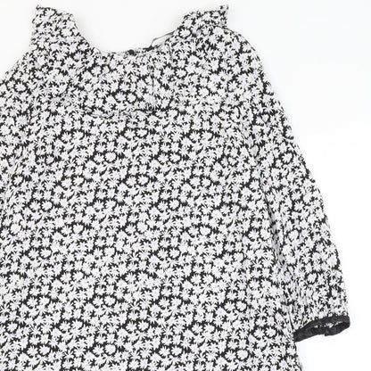 Zara Womens Black Floral Viscose Shift Size M Round Neck Button