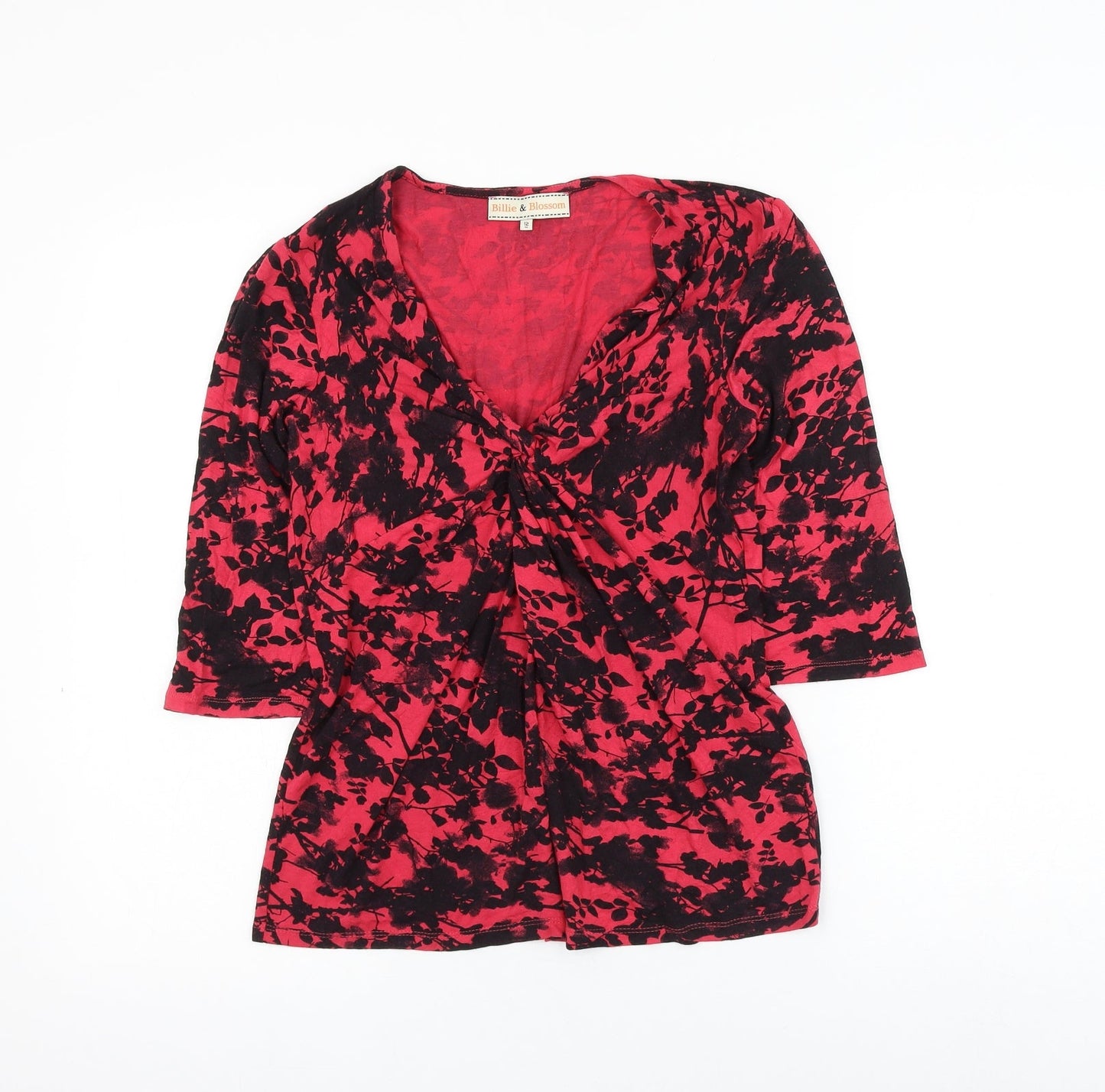 Billie & Blossum Womens Red Floral Viscose Basic Blouse Size 12 V-Neck - Knot Front