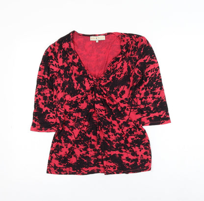 Billie & Blossum Womens Red Floral Viscose Basic Blouse Size 12 V-Neck - Knot Front