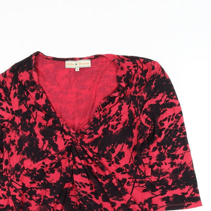 Billie & Blossum Womens Red Floral Viscose Basic Blouse Size 12 V-Neck - Knot Front