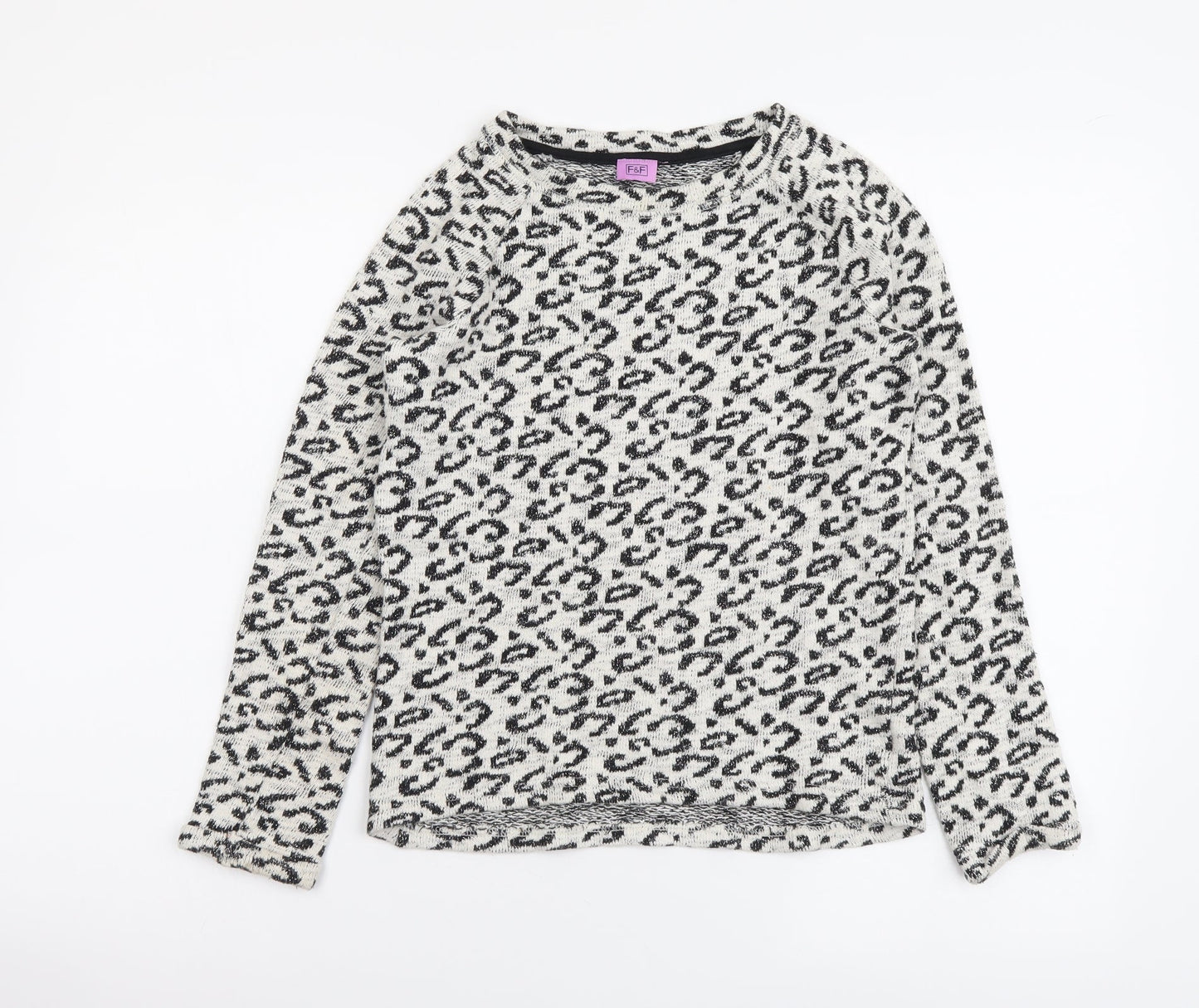 F&F Girls Beige Animal Print Cotton Basic Blouse Size 10-11 Years Round Neck Pullover - Leopard pattern