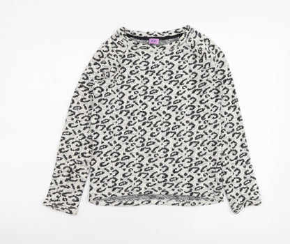 F&F Girls Beige Animal Print Cotton Basic Blouse Size 10-11 Years Round Neck Pullover - Leopard pattern