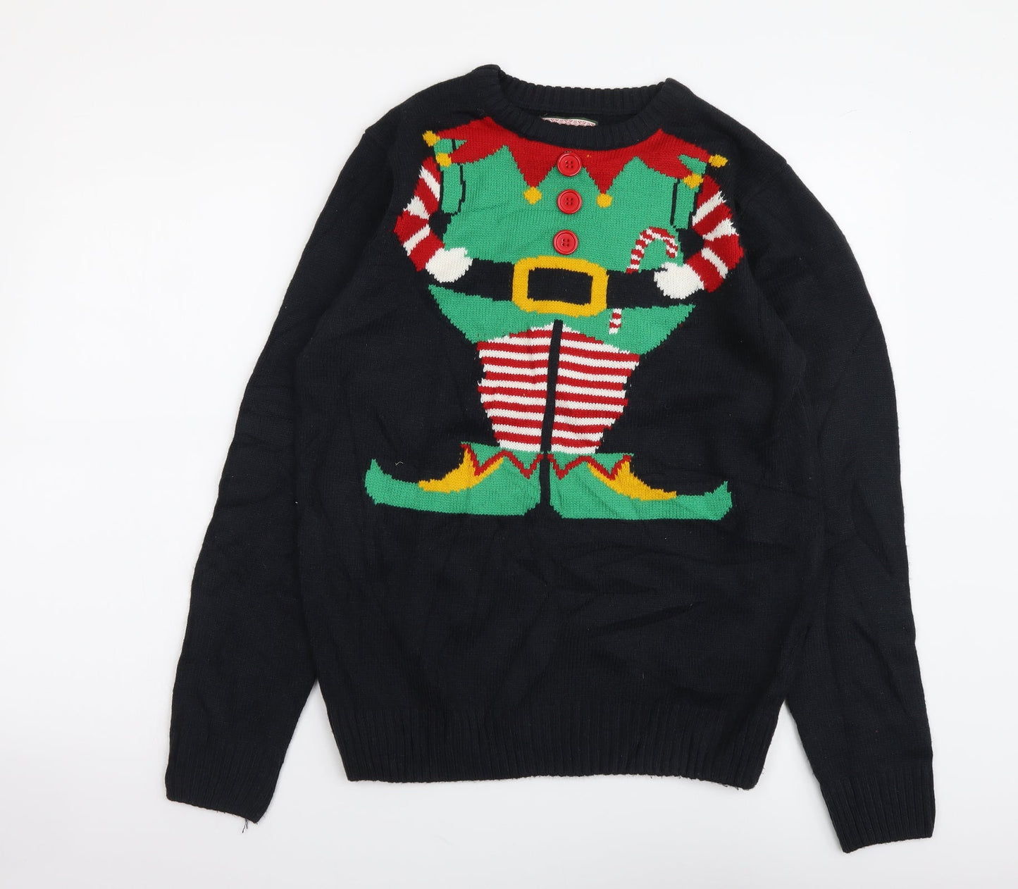 Merry Xmas Mens Black Round Neck Acrylic Pullover Jumper Size S - Elf