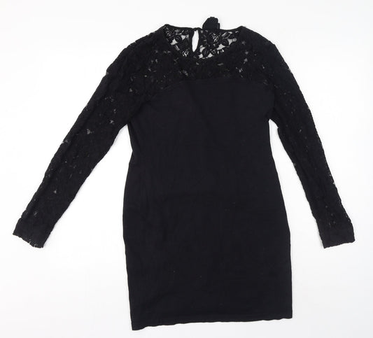 NEXT Womens Black Cotton A-Line Size 12 Round Neck - Mesh floral at top of dress