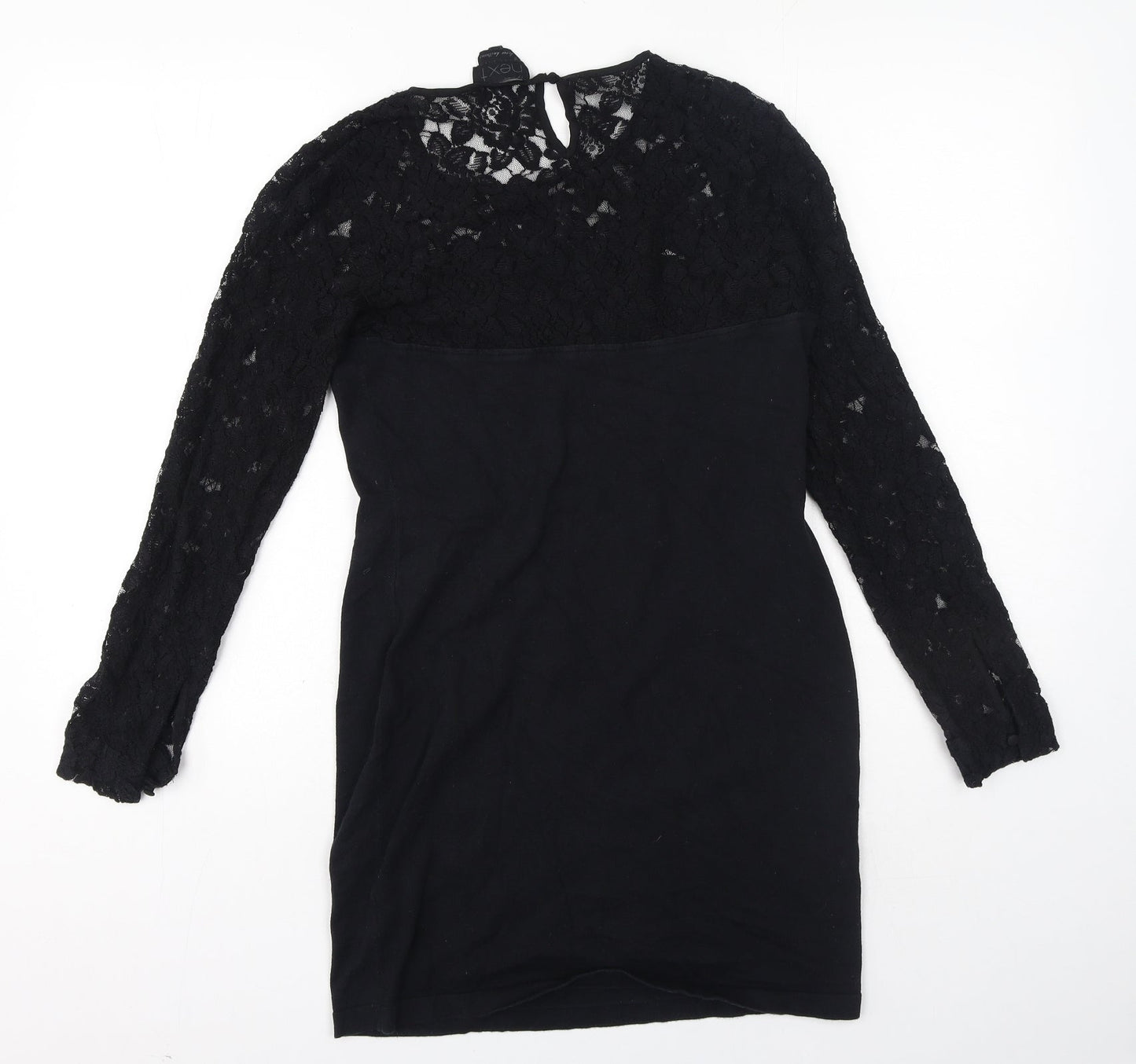 NEXT Womens Black Cotton A-Line Size 12 Round Neck - Mesh floral at top of dress