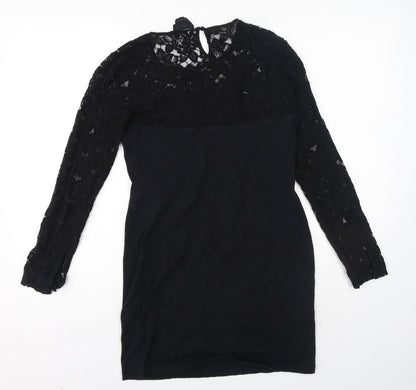 NEXT Womens Black Cotton A-Line Size 12 Round Neck - Mesh floral at top of dress