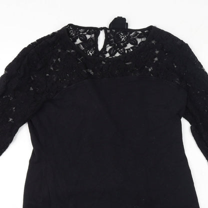 NEXT Womens Black Cotton A-Line Size 12 Round Neck - Mesh floral at top of dress