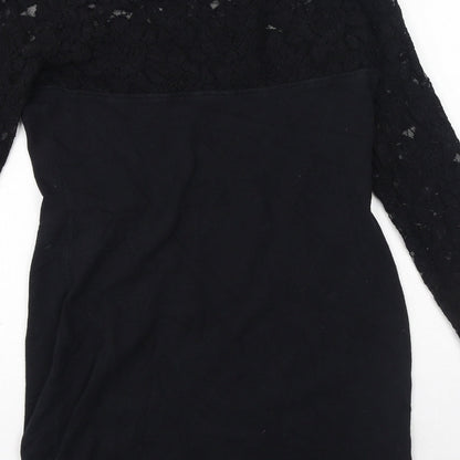 NEXT Womens Black Cotton A-Line Size 12 Round Neck - Mesh floral at top of dress