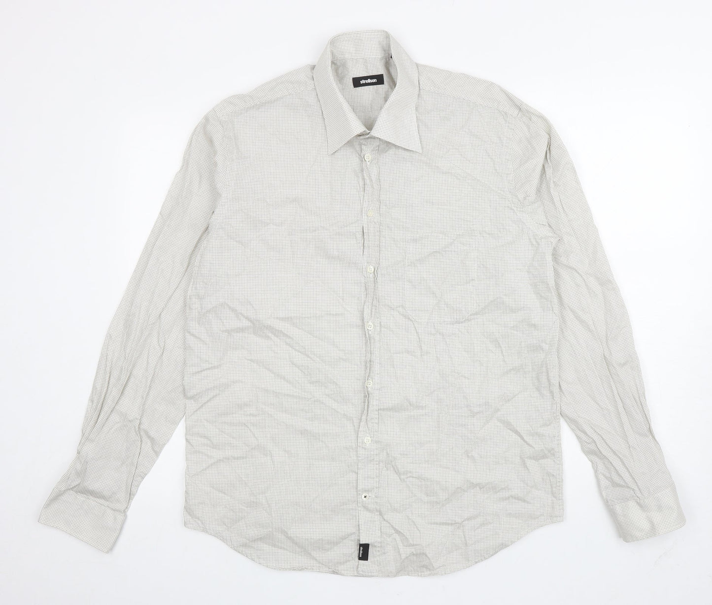 Strellson Mens Beige Plaid Polyester Button-Up Size 16.5 Collared Button