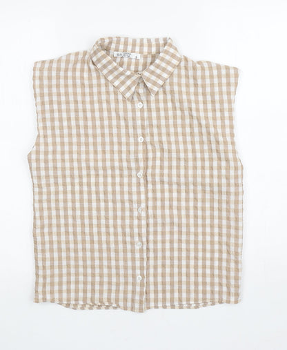 Enjoy Womens Brown Check Viscose Basic Button-Up Size S Collared