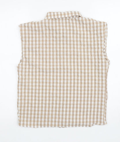 Enjoy Womens Brown Check Viscose Basic Button-Up Size S Collared