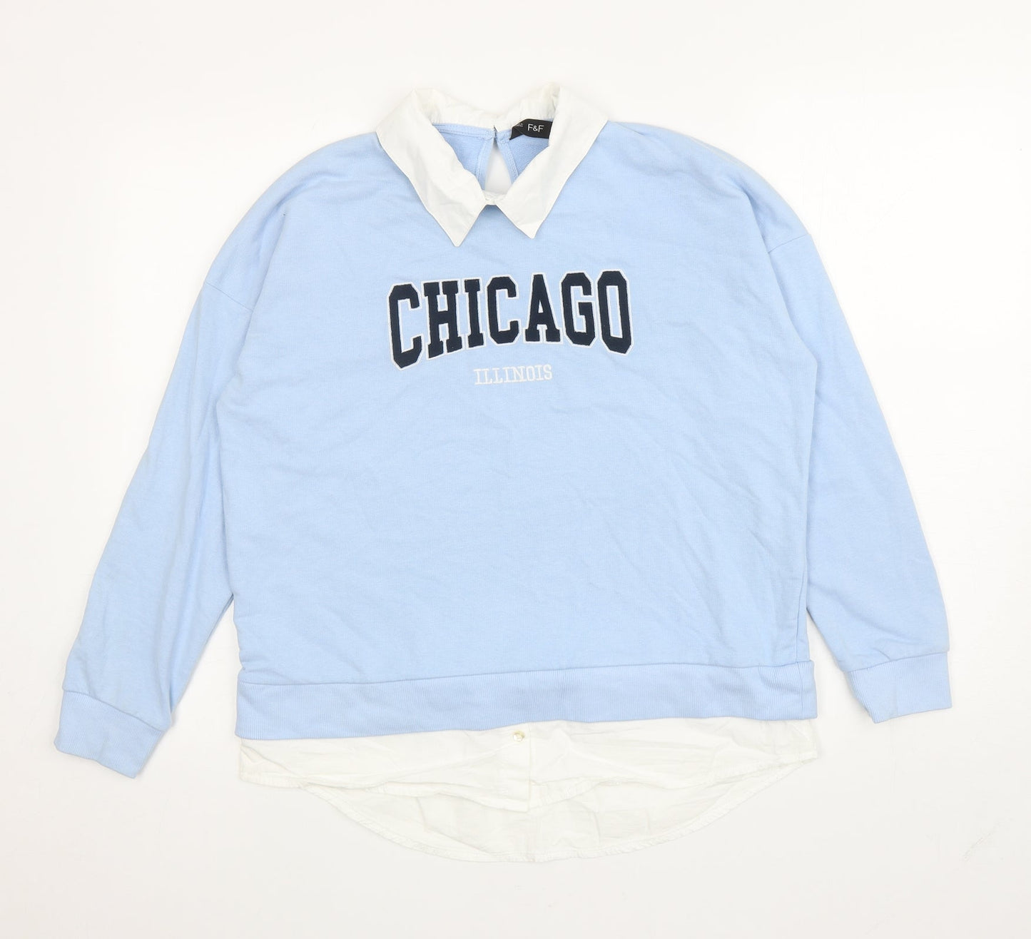 F&F Womens Blue Cotton Pullover Sweatshirt Size 10 Button - Chicago