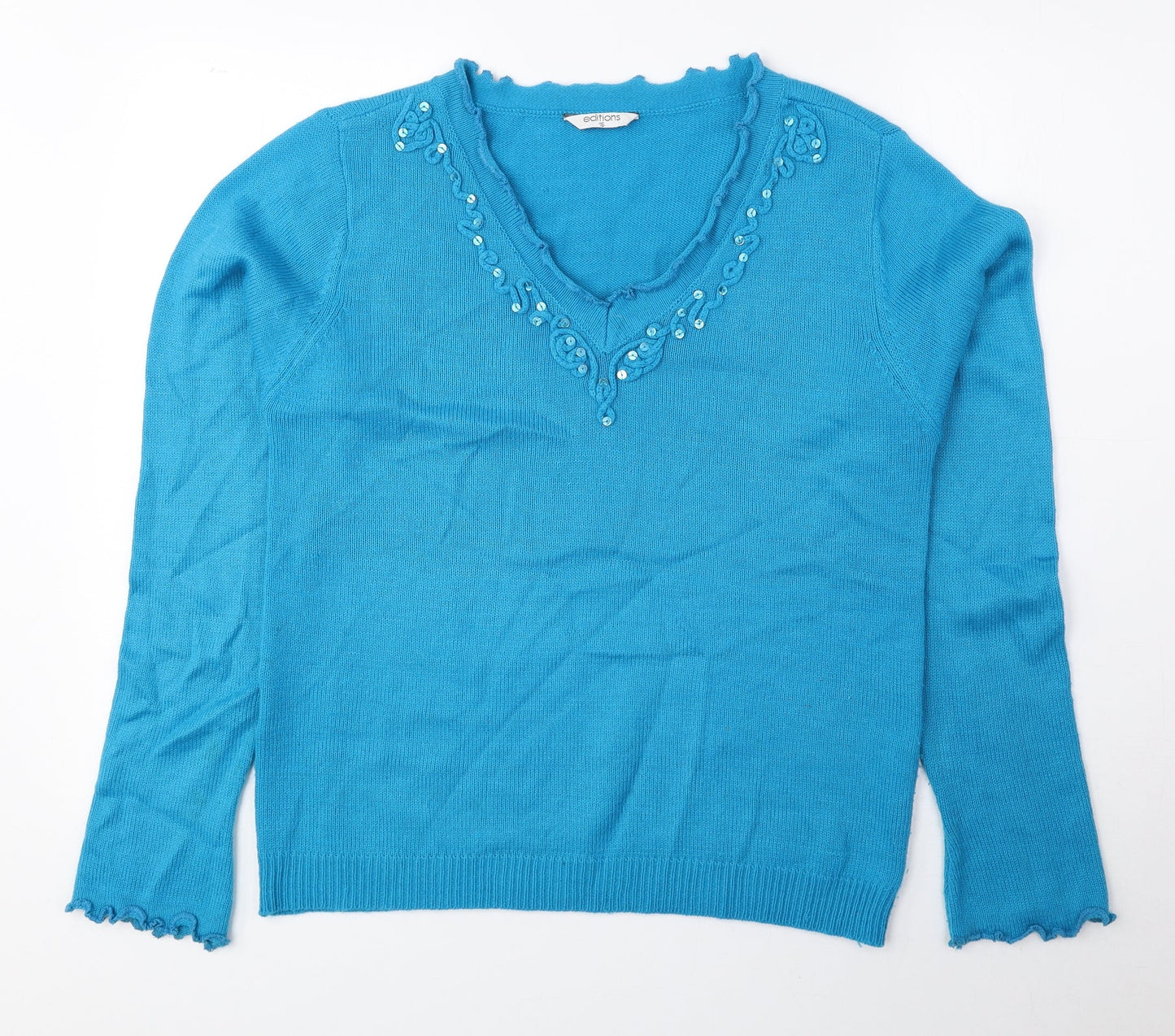 Editions Womens Blue V-Neck Acrylic Pullover Jumper Size 16