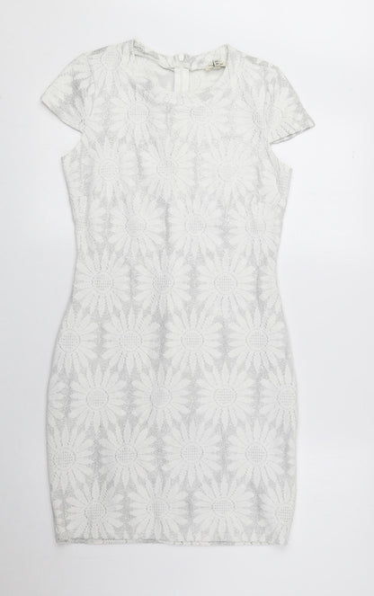 River Island Womens Grey Floral Polyester Pencil Dress Size 8 Round Neck Zip