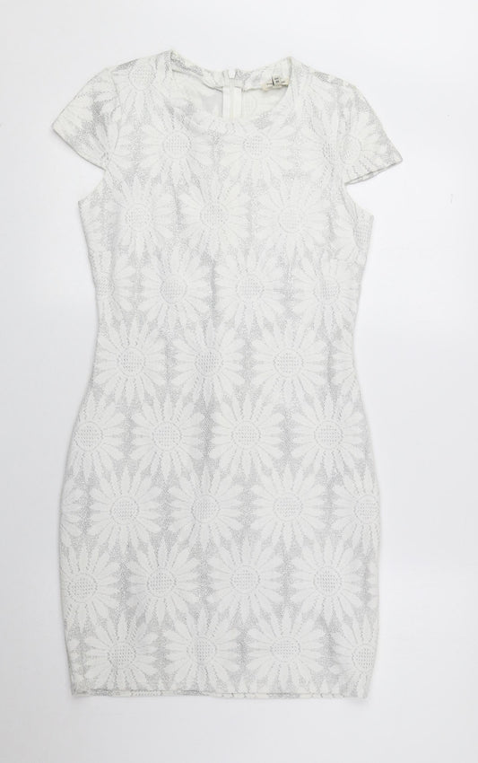 River Island Womens Grey Floral Polyester Pencil Dress Size 8 Round Neck Zip