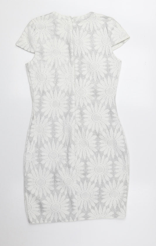 River Island Womens Grey Floral Polyester Pencil Dress Size 8 Round Neck Zip