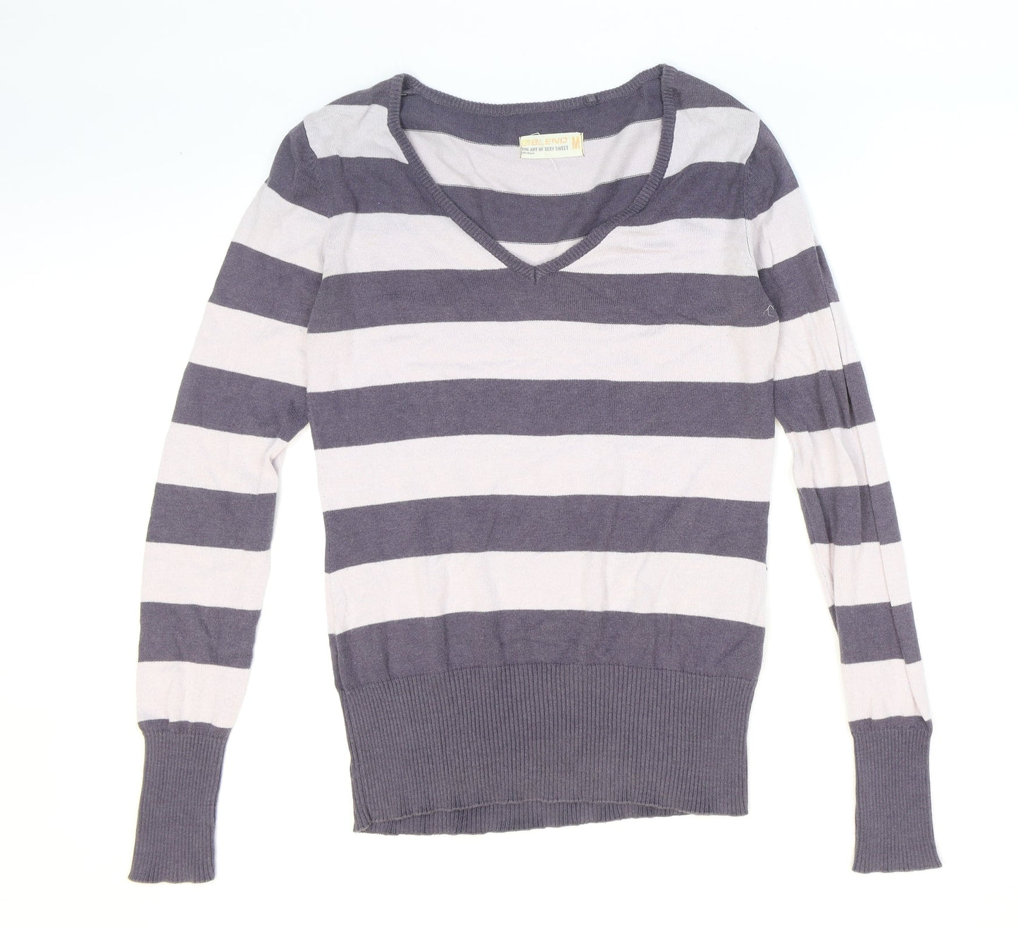 Blend Womens Purple V-Neck Striped Cotton Pullover Jumper Size M