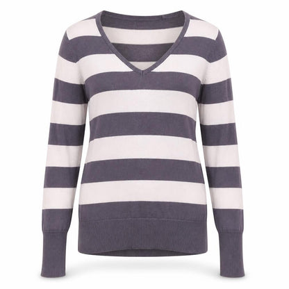 Blend Womens Purple V-Neck Striped Cotton Pullover Jumper Size M