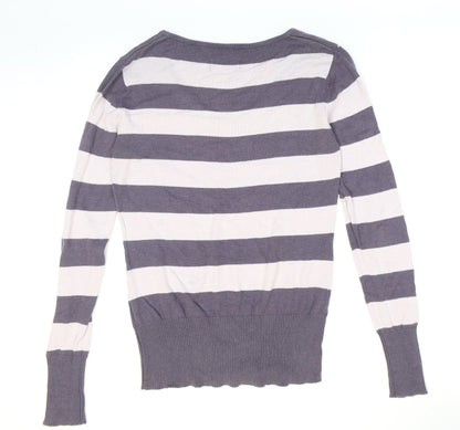 Blend Womens Purple V-Neck Striped Cotton Pullover Jumper Size M