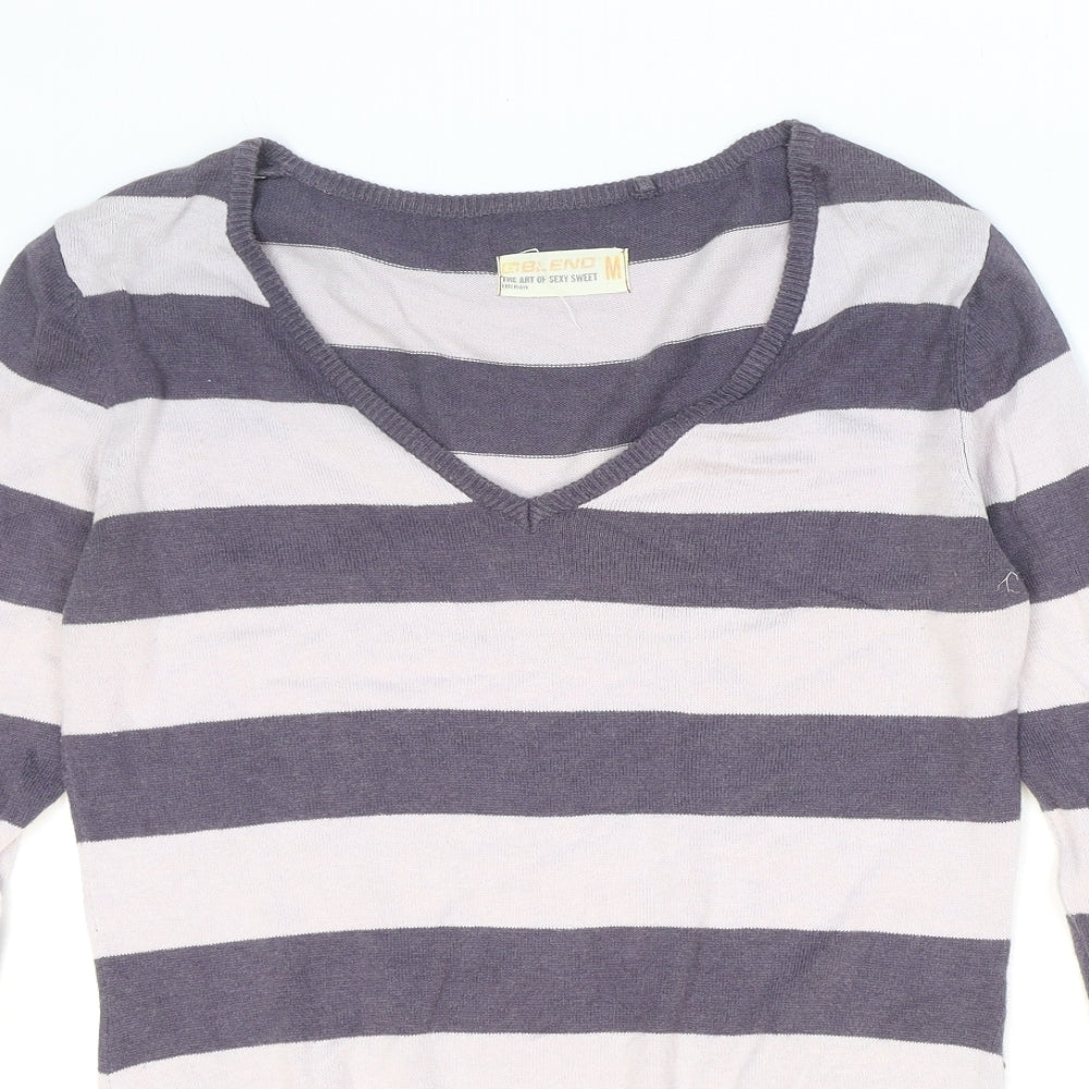 Blend Womens Purple V-Neck Striped Cotton Pullover Jumper Size M